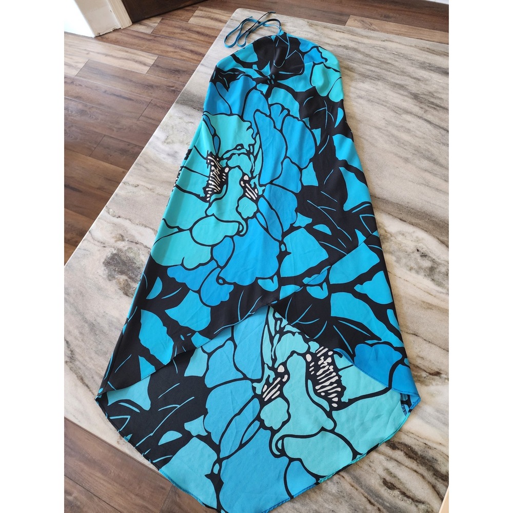 Y2K Hibiscus Express Blue Floral Halter High Low Handkerchief Hem Dress